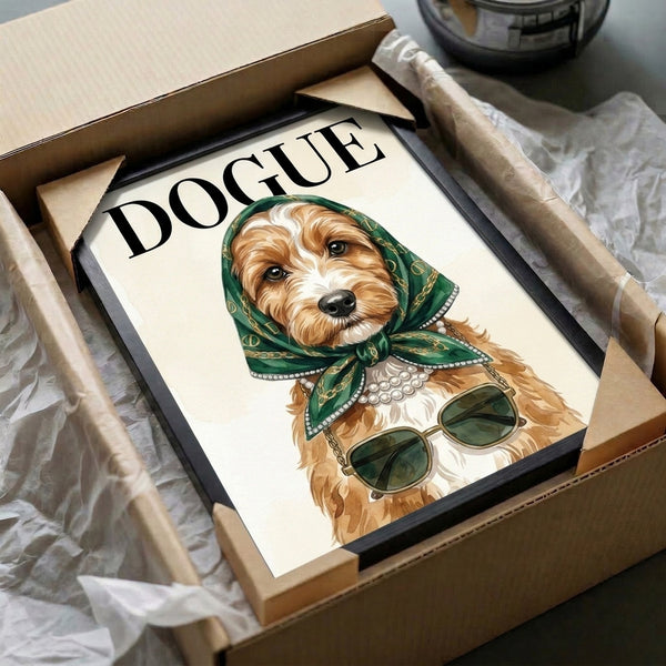 Stylized pop art print of a whimsical dog wearing luxury accessories—sunglasses, pearls, and headwrap—rendered in warm metallics and muted earth tones.