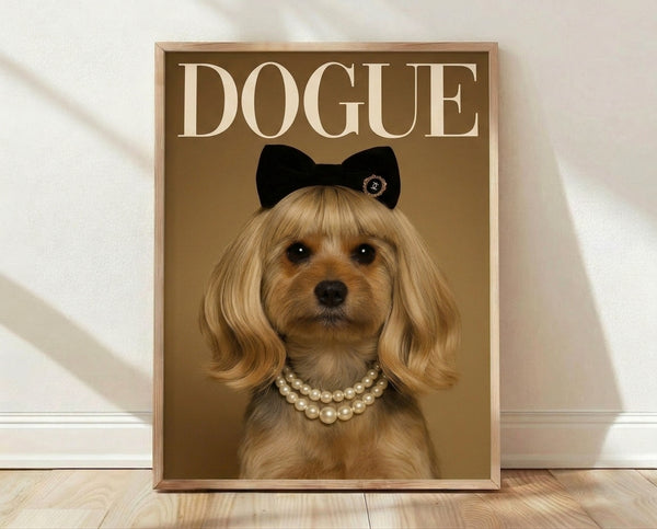 Pop art style framed poster featuring a glamorous Yorkie puppy wearing a pink bow and pearl necklace, rendered in tan, cream, black, and gold tones with a whimsical, fashion-forward aesthetic.