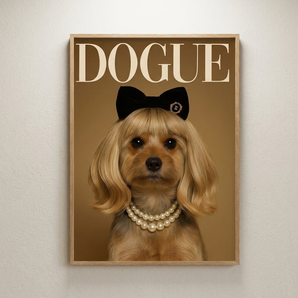 Modern pop art print of a stylish small dog adorned with pearls and a bow, displayed as a framed wall poster in playful tan and cream colors with bold black accents.