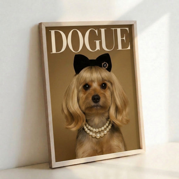 Framed contemporary art print showcasing a chic Yorkie in fashion magazine style, complete with luxe accessories like pearls and a bow, rendered in warm cream and gold hues with humorous flair.
