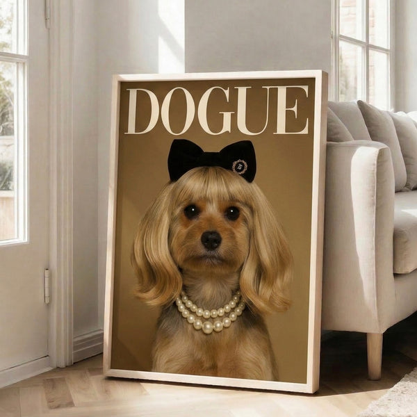 Pop art wall poster featuring a glamorous puppy character wearing trendy pearl jewelry and a decorative bow, illustrated in a modern style with cream, tan, and black color blocking.
