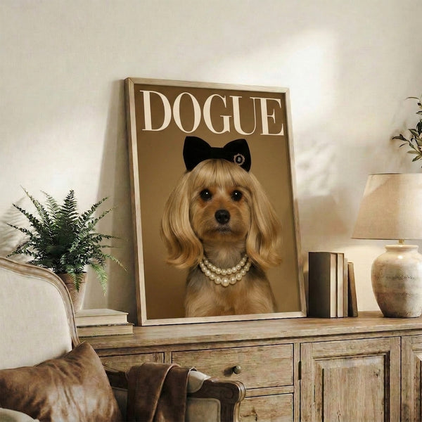 Whimsical framed pop art design of a fashionable Yorkie puppy adorned with pearls and a bow, combining gold accents and cream tones for a chic, humorous interior art piece.
