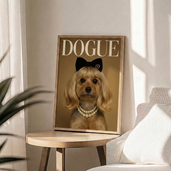 Modern pop art style poster of an elegantly dressed small dog wearing pearls and a bow, framed and ready to hang, featuring a sophisticated palette of cream, tan, black, and gold.