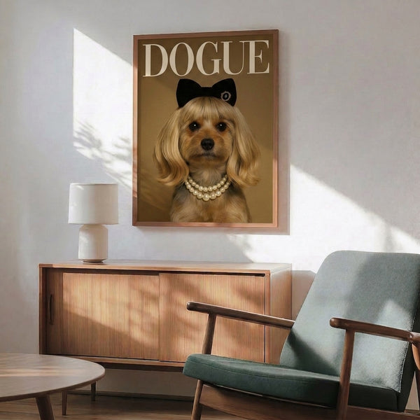 Chic pop art framed print featuring a glamorous puppy with pearl necklace and bow, rendered in contemporary style with playful cream, tan, and black tones for stylish wall decor.