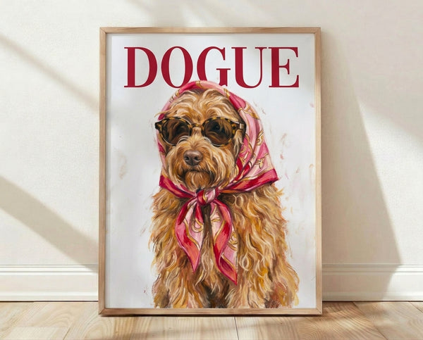 Pop art dogue portrait wearing oversized sunglasses and a burgundy scarf, rendered in cream, tan, and gold tones with a playful, glamorous aesthetic.
