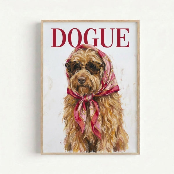 Modern stylized dog portrait with chic sunglasses and scarf in warm cream and pink hues, framed pop art illustration with a fashionable mood.