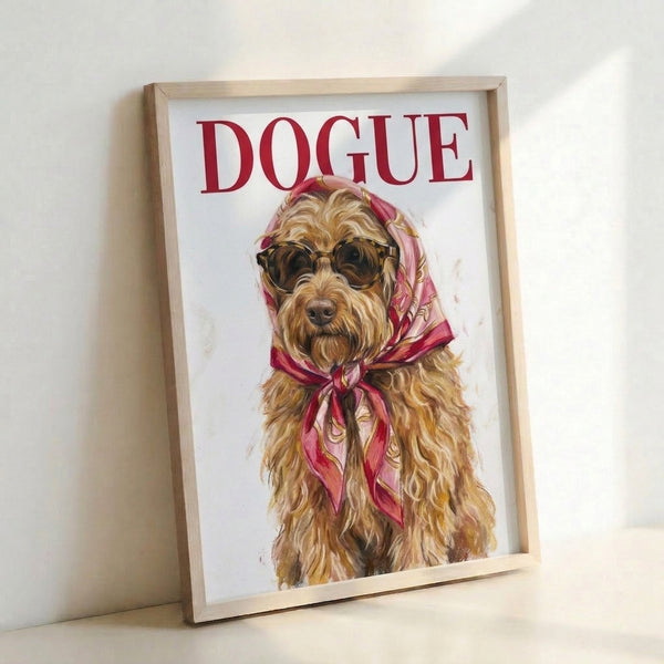 Trendy dogue doodle art print featuring a dog in designer sunglasses and burgundy scarf against a cream background with gold accents.