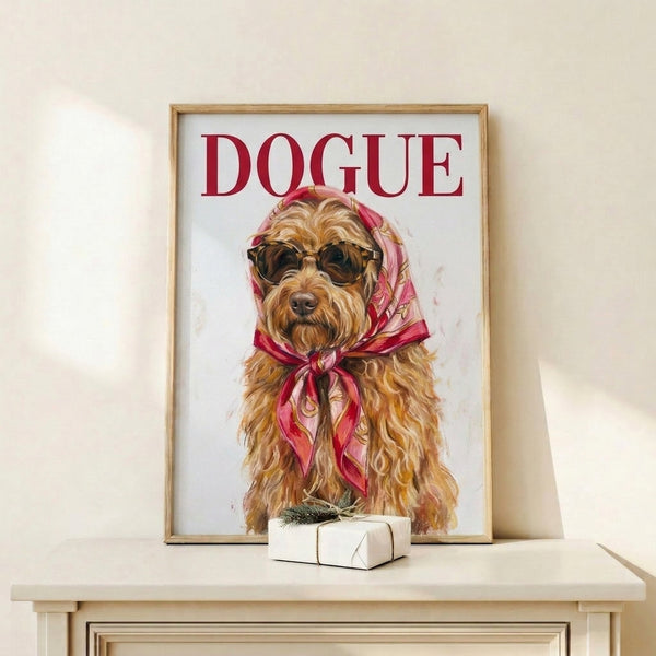 Glamorous pop art dog portrait in sunglasses and scarf, contemporary wall art in soft tan, pink, and gold palette with playful energy.
