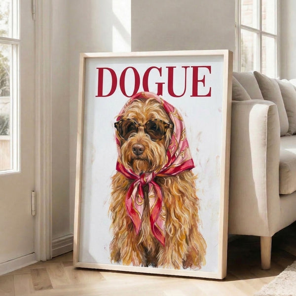 Chic dogue illustration wearing oversized shades and a scarf, modern pop art style poster in warm cream and burgundy tones.