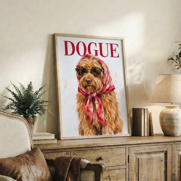 Fashionable dog portrait in sunglasses and neck scarf, contemporary pop art print with a playful, upscale aesthetic in tan and pink hues.