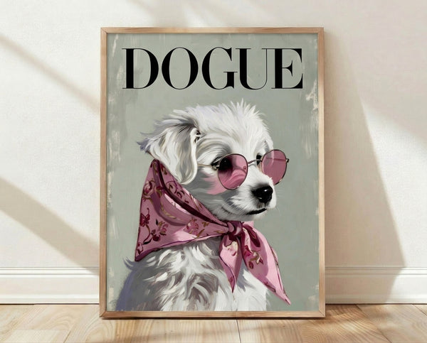 Stylized poodle wearing oversized glasses and a dusty rose bandana against a soft sage green background, rendered in modern pop art style with burgundy and black accents.