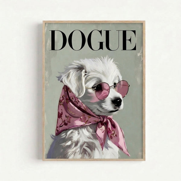 Chic pop art illustration of a fashionable poodle in glasses and pink scarf on a muted green backdrop, framed poster with sophisticated playful mood.