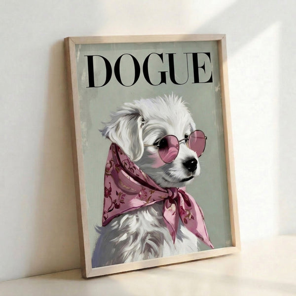 Modern pop art framed print featuring a poodle adorned with oversized eyeglasses and burgundy bandana on soft sage and white composition.