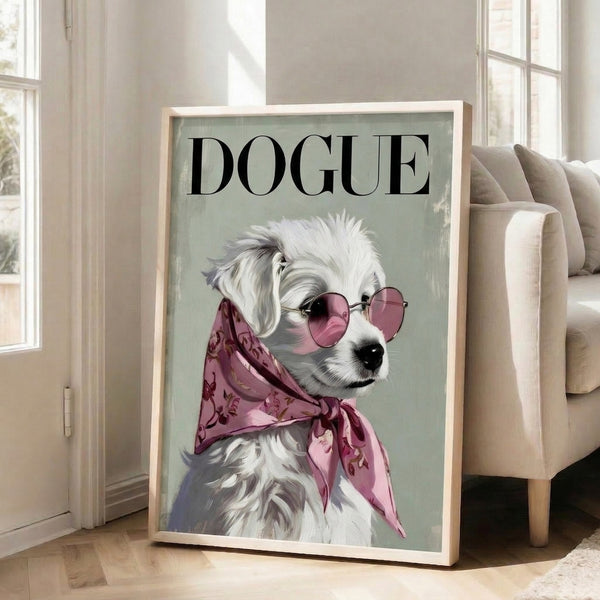 Playful contemporary pop art portrait of a stylized poodle with pink neck scarf and bold glasses against muted green and burgundy tones.