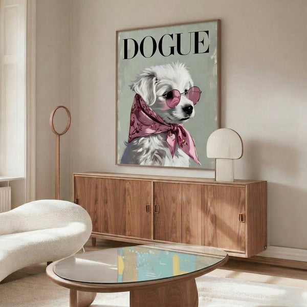 Quirky pop art wall art of an accessorized poodle in oversized spectacles and burgundy scarf against soft sage green background.