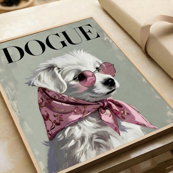 Contemporary pop art poster showcasing a chic poodle with glasses and pink bandana in muted sage, rose, and black color scheme.