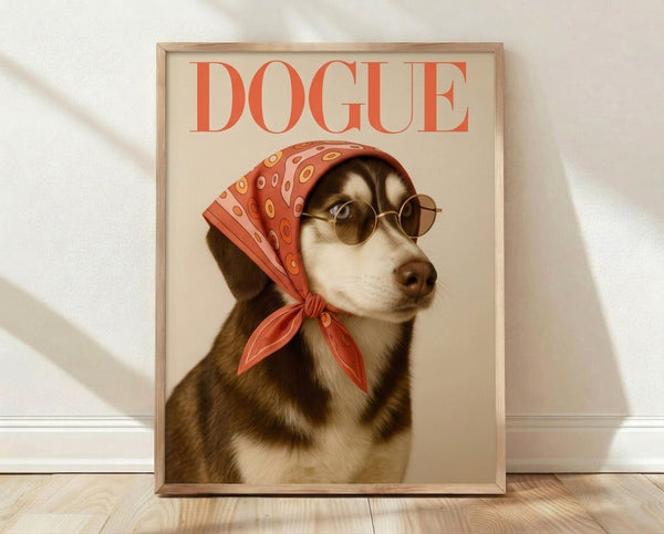 Retro pop art husky wearing sunglasses and a headscarf, rendered in warm cream, terracotta, and gold tones on a framed poster.