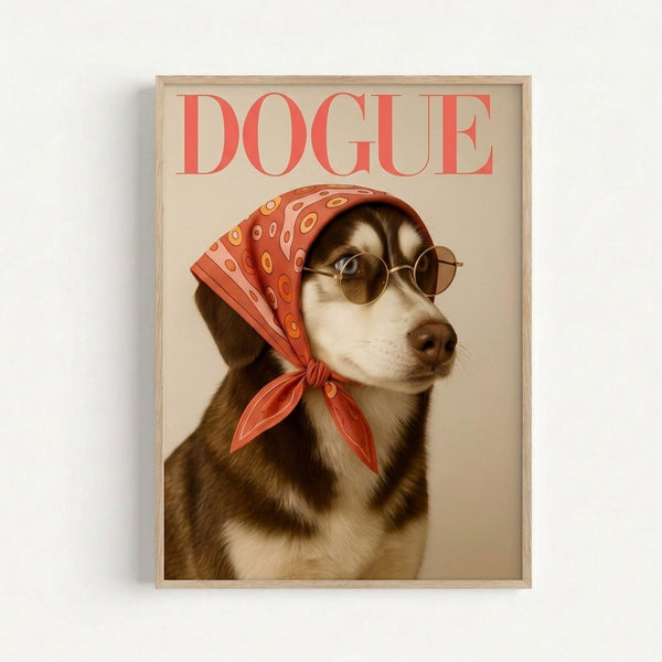 Stylized husky dog in sunglasses and coordinating headwrap, playful pop art design with sophisticated coral and brown palette displayed as wall art.