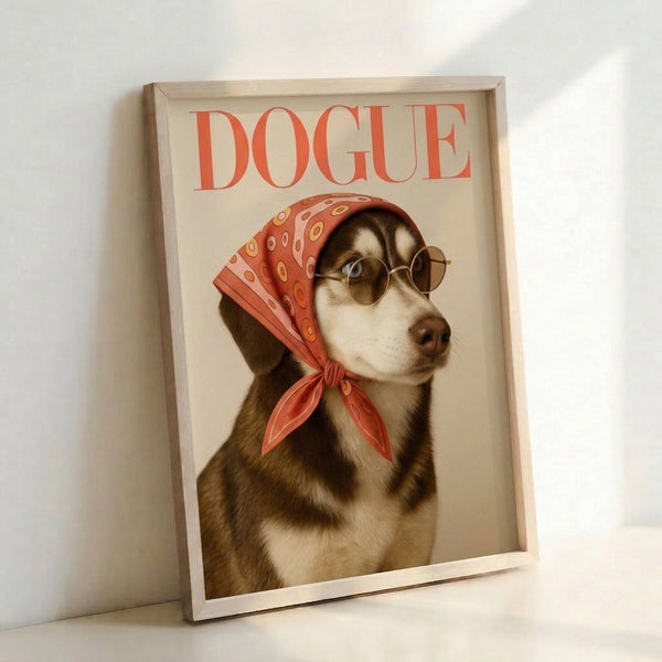 Chic husky portrait with glamorous sunglasses and patterned headscarf, whimsical retro-style poster featuring warm cream and gold accents.