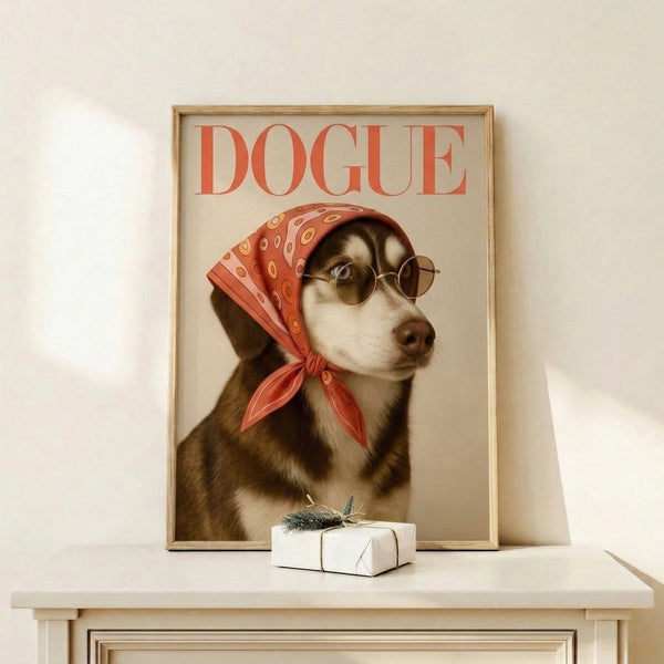 Pop art husky wearing fashionable sunglasses and headscarf, vintage-inspired framed print in terracotta, coral, and cream hues.