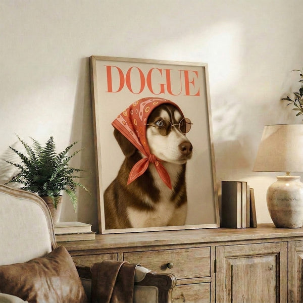 Glamorous husky portrait with sunglasses and headscarf, playful pop art design in sophisticated cream, terracotta, and coral tones on framed poster.