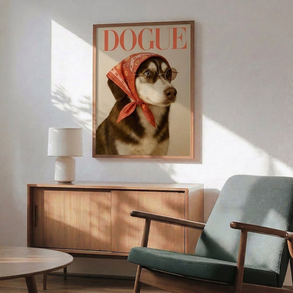 Whimsical retro husky wearing chic sunglasses and headscarf, pop art-inspired print in warm gold, brown, and coral palette.
