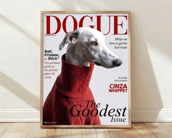 Modern framed poster featuring a sleek whippet dog on a stylish red, white, and gray magazine-style cover design with sophisticated black accents.
