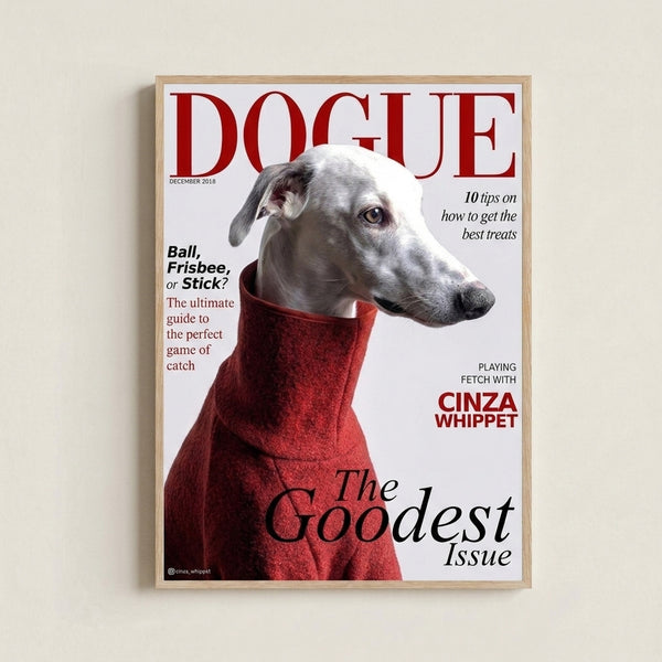Charming wall art print showcasing an elegant whippet in a contemporary red and white layout with refined gray and black graphic elements.