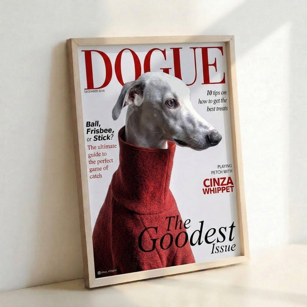 Stylish framed dog breed poster displaying a graceful whippet in a modern magazine cover aesthetic with red, white, black, and gray color palette.