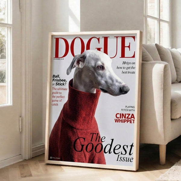 Contemporary framed poster of a charming whippet rendered in a chic magazine-style composition with red, white, gray, and black tones.