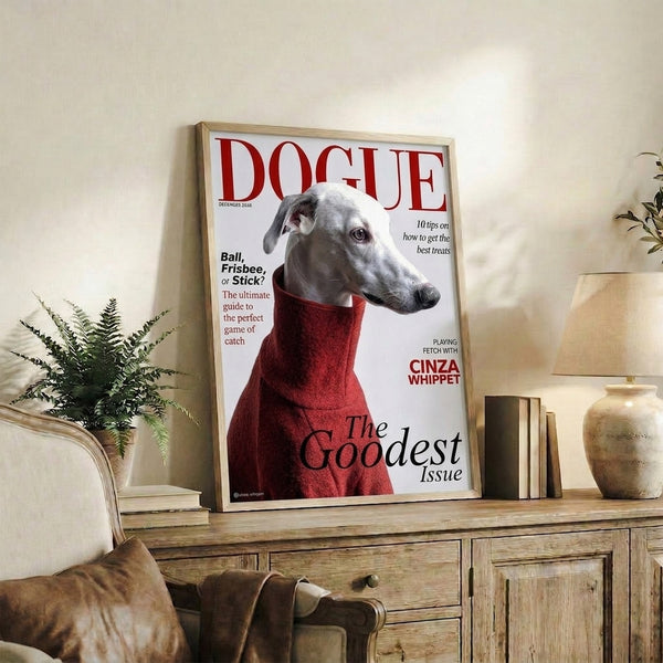 Modern dog poster with an elegant whippet design in sophisticated red, white, and gray against a black background, styled as a magazine cover.