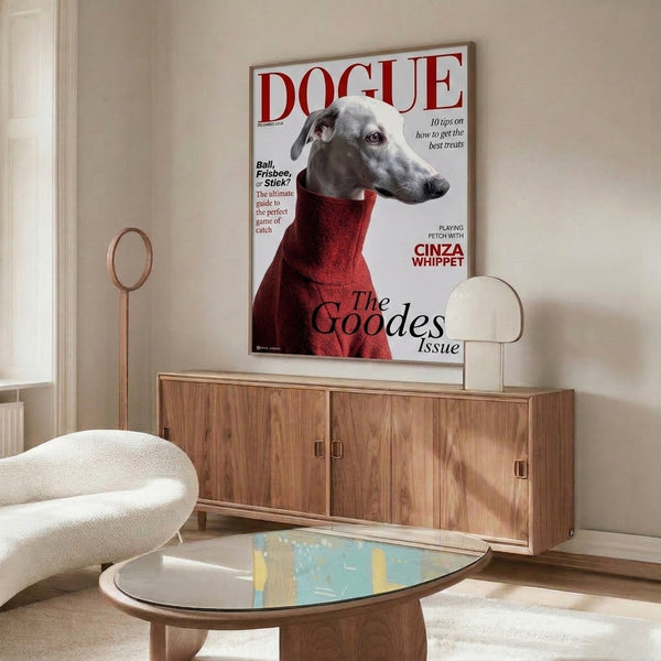 Stylish framed wall art showcasing a refined whippet in a contemporary red and white layout with charming black and gray design elements.