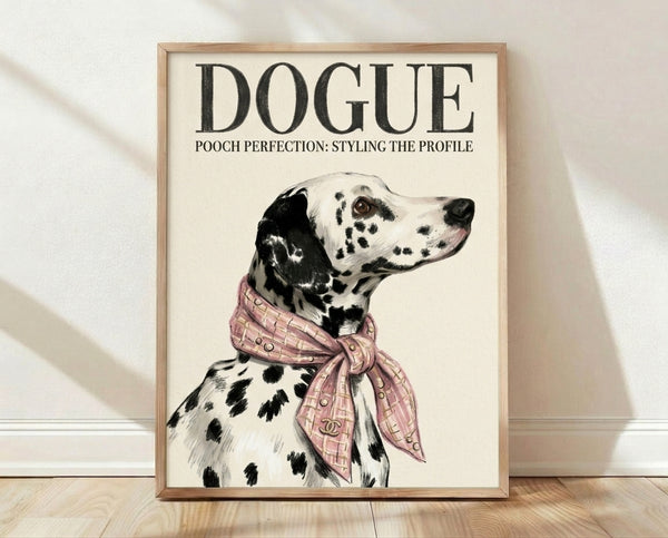 Pop art poster of a stylish dalmatian wearing a luxe Chanel scarf, rendered in bold line art with cream, black, dusty pink, and gold accents on a warm background.