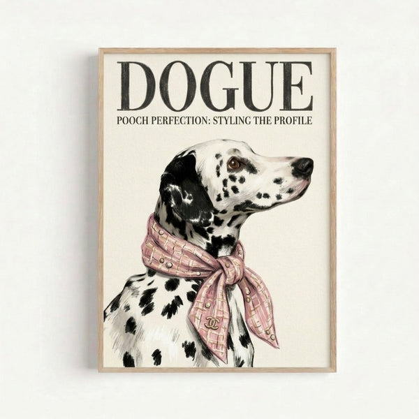 Modern line art illustration of a fashionable dalmatian adorned with a designer scarf, blending whimsical humor with sophisticated pop art style in cream, black, and rose tones.