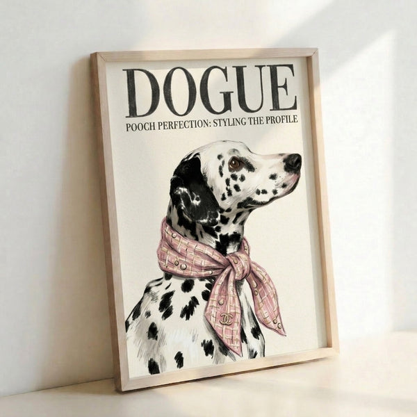 Framed poster featuring a chic dalmatian dog sporting a chanel-inspired scarf, executed in contemporary pop art with minimalist line work and a palette of cream, dusty pink, and gold.