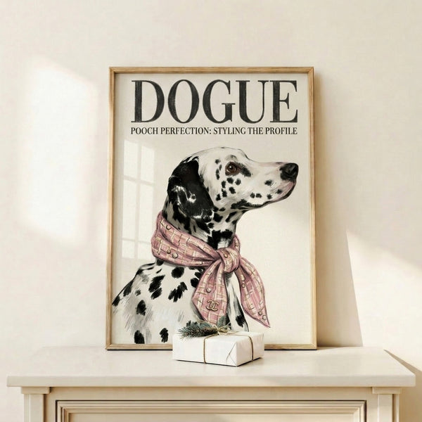 Playful pop art portrait of a spotted dalmatian wearing an elegant scarf, designed in modern line art style with sophisticated cream, black, and muted rose color accents.