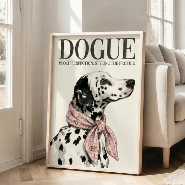 Contemporary wall art print showing a glamorous dalmatian in a luxury scarf, rendered as whimsical pop art with clean line work and a refined cream, dusty pink, and gold palette.