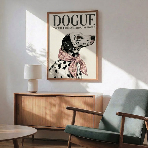 Fashion-forward pop art poster of a dalmatian dog styled with a designer scarf, combining humorous character with sophisticated line art in cream, black, brown, and rose hues.