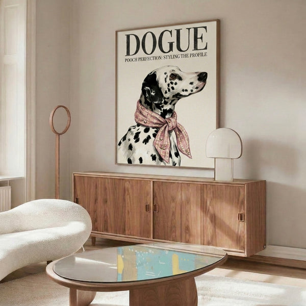 Stylish pop art framed print depicting a spotted dalmatian accessorized with a couture scarf, created in modern minimalist line art with cream, gold, dusty pink, and black tones.