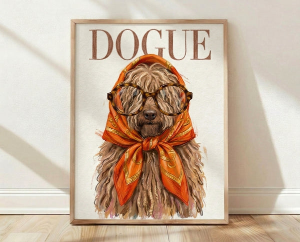 Whimsical watercolor and line art portrait of a dogue poodle wearing oversized glasses and a colorful headscarf, rendered in warm orange, tan, brown, and gold tones on a framed poster.