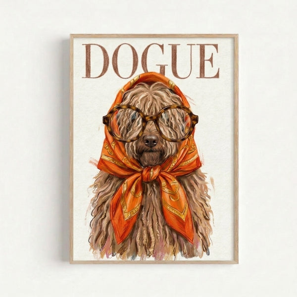 Fashionable dog portrait combining watercolor and sketch elements, featuring a stylized poodle in glasses and headwrap against a cream background, framed wall art in earthy warm colors.