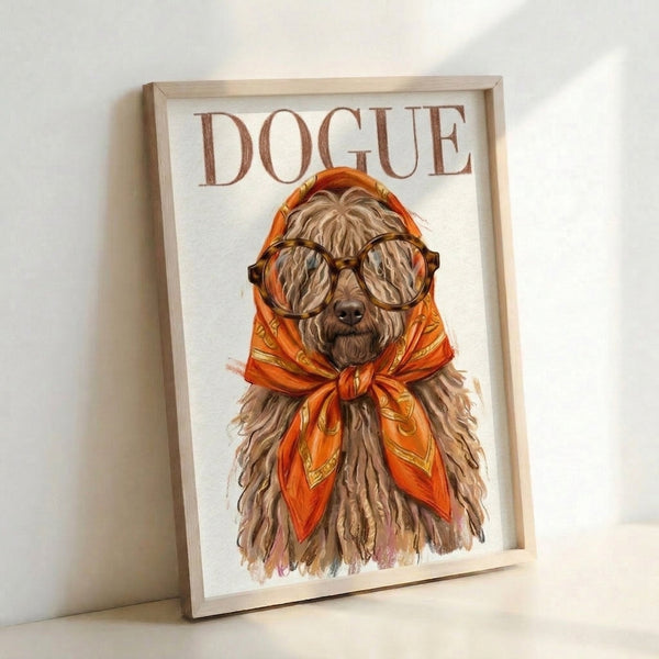 Friendly illustrated dogue poodle sporting chic eyeglasses and a tied headscarf, blending watercolor washes with line art details in a palette of orange, gold, and brown tones.