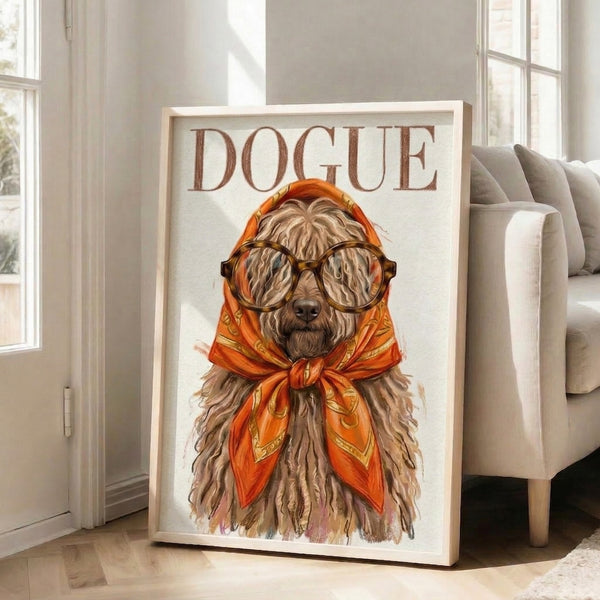Watercolor portrait of a whimsical poodle character wearing round glasses and a decorative scarf, mixed media art print with warm tan and orange hues, displayed as framed wall decor.