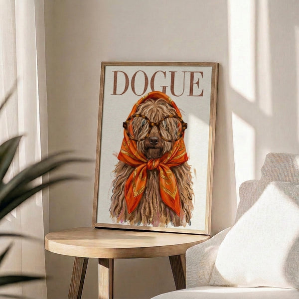 Charming dog art print depicting a fashionable dogue poodle in oversized specs and headscarf, combining loose watercolor with precise line work in cream, gold, and warm brown shades.
