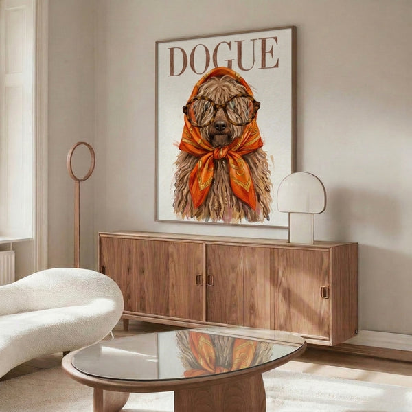 Playful illustrated poodle portrait with glasses and a stylish wrapped headscarf, rendered in soft watercolor and expressive line art using a warm palette of orange, tan, and gold.