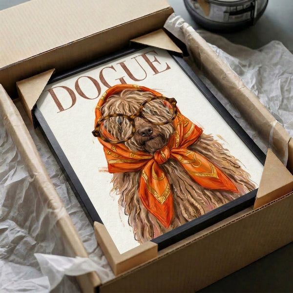 Whimsical framed dog artwork featuring a bespectacled poodle adorned with a chic headscarf, blending watercolor technique and detailed line art in earthy cream and warm tones.