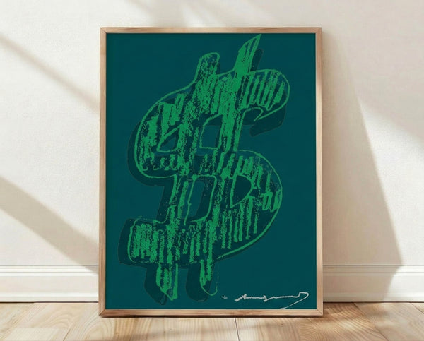Pop art framed poster featuring a bold dollar sign in vibrant colors against a contrasting background, contemporary silkscreen-style artwork.