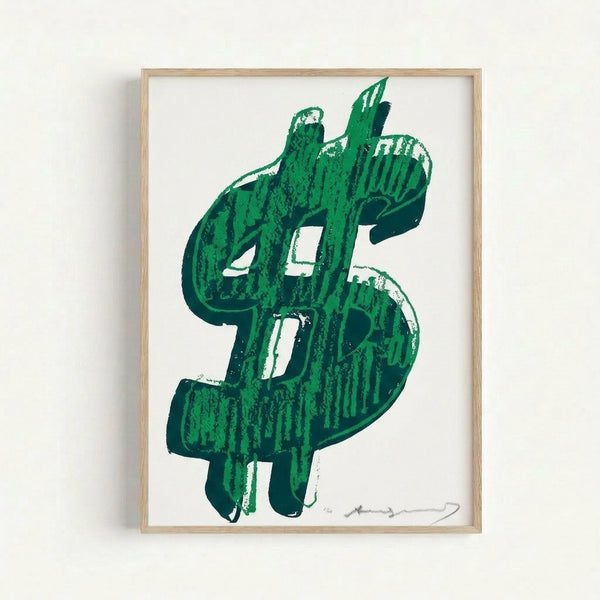 Framed print of an iconic dollar symbol rendered in bright, saturated hues using pop art techniques, modern gallery wall decor.