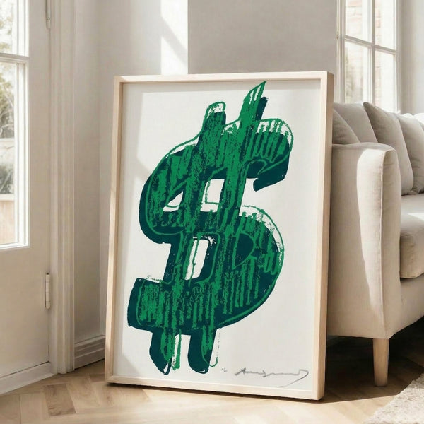 Framed modern art print showcasing a stylized dollar sign in bold colors, inspired by pop art and graphic design movements.