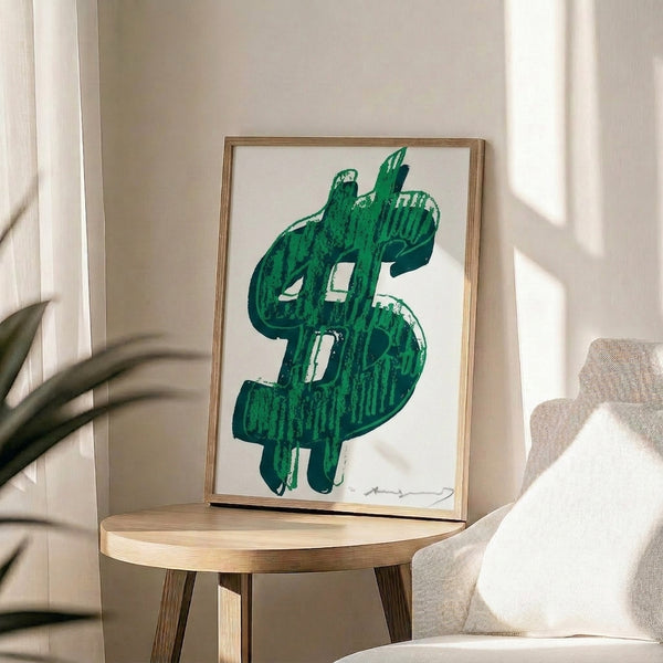 Pop art wall art featuring an oversized dollar symbol in bright, saturated colors with clean graphic lines, framed poster format.